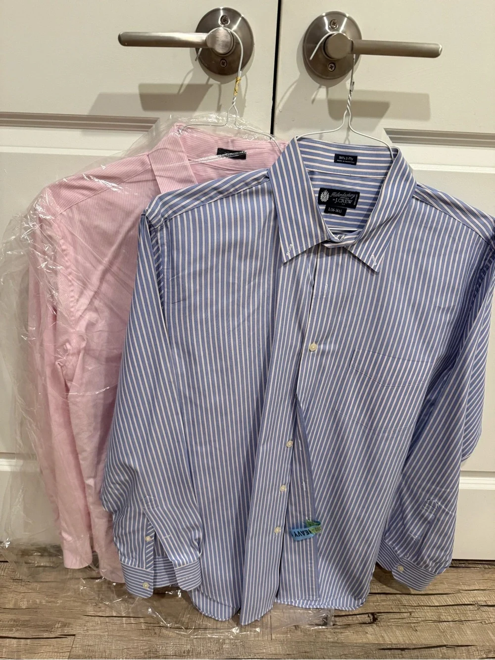 J. Crew Men's Blue and White Stripe Dress Shirt (with Pink Shirt Behind)